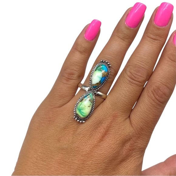 Peacock Dahlia Kingman Turquoise Ring Size 10.5 Solid 925 Sterling Silver Green - Picture 2 of 9